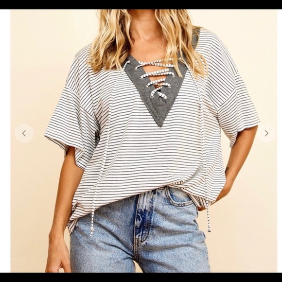 Time after time Tops - ‼️ 1 size MD left‼️ v-neck striped top with laces and solid gray neckline
